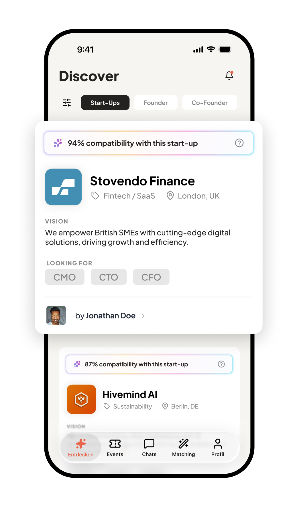 Vasper App – Discover Screen mit Gründer-Karten und Kompatibilitäts-Score